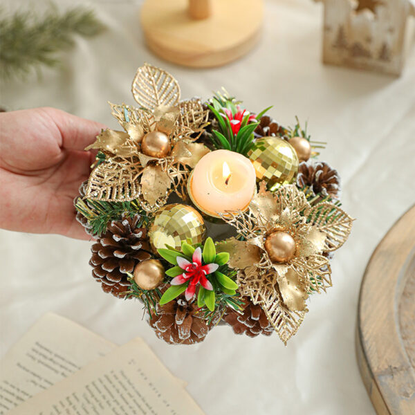 Christmas Candle Metals Candlestick Wreath Artificial Pinball Pinecone Candle Holder Fake Leaves Xmas New Year Home Table Decor - Image 5