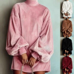 Loose Fit Long Sleeve Dress With Puff Sleeves - Casual Women's Midi Dress For Daily Wear Clothing