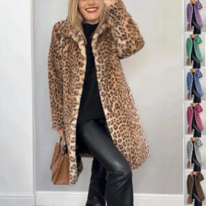 Leopard Print Plush Mid-Length Coat Women's Warm Faux Fur Outerwear For Fall Winter Casual Fashion Clothing